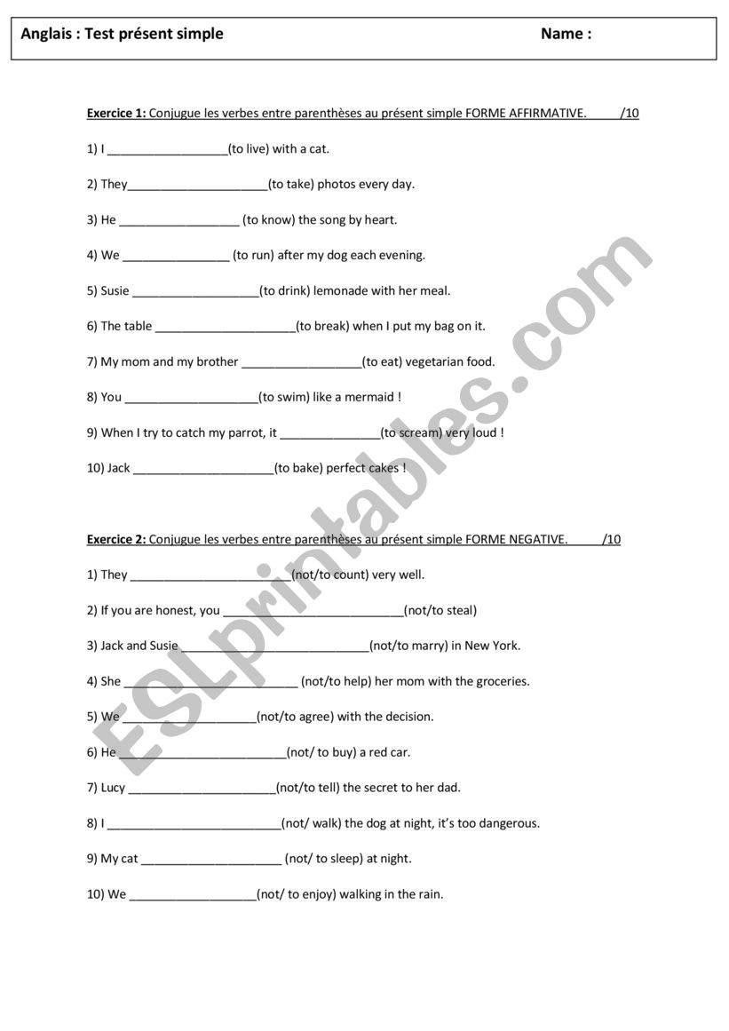 Exercices Present Simple worksheet
