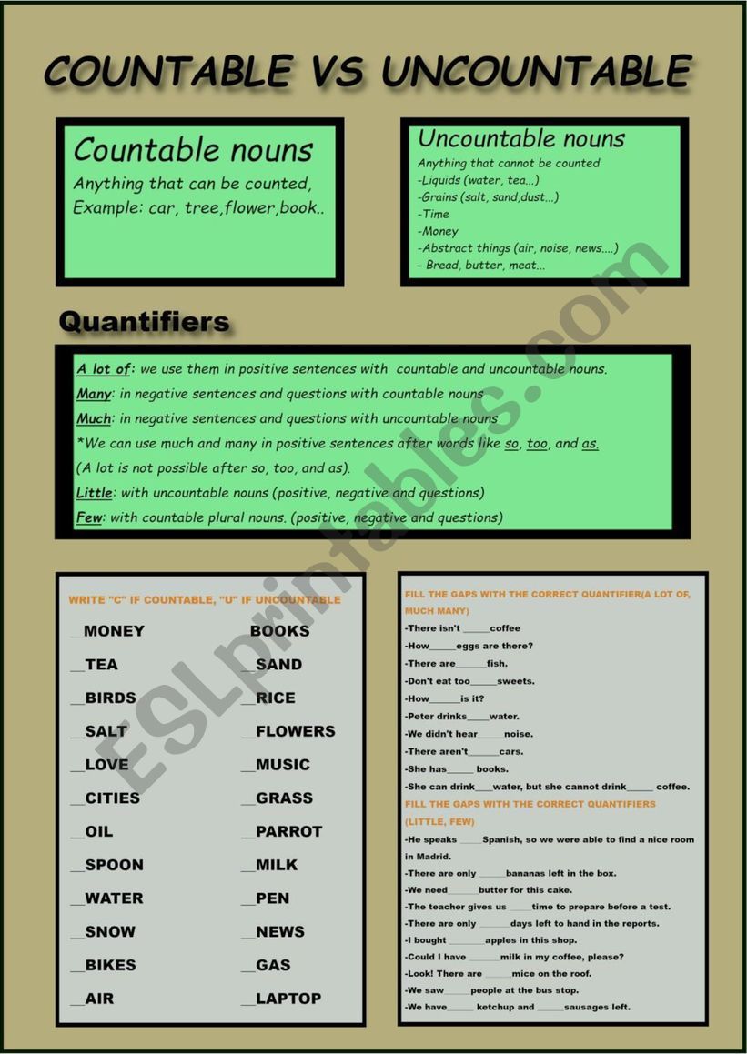 Countable vs Uncountable worksheet