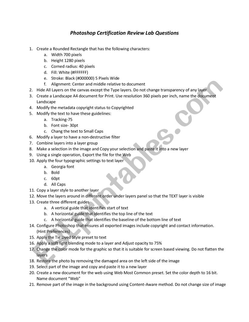 Photoshop Review Questions worksheet