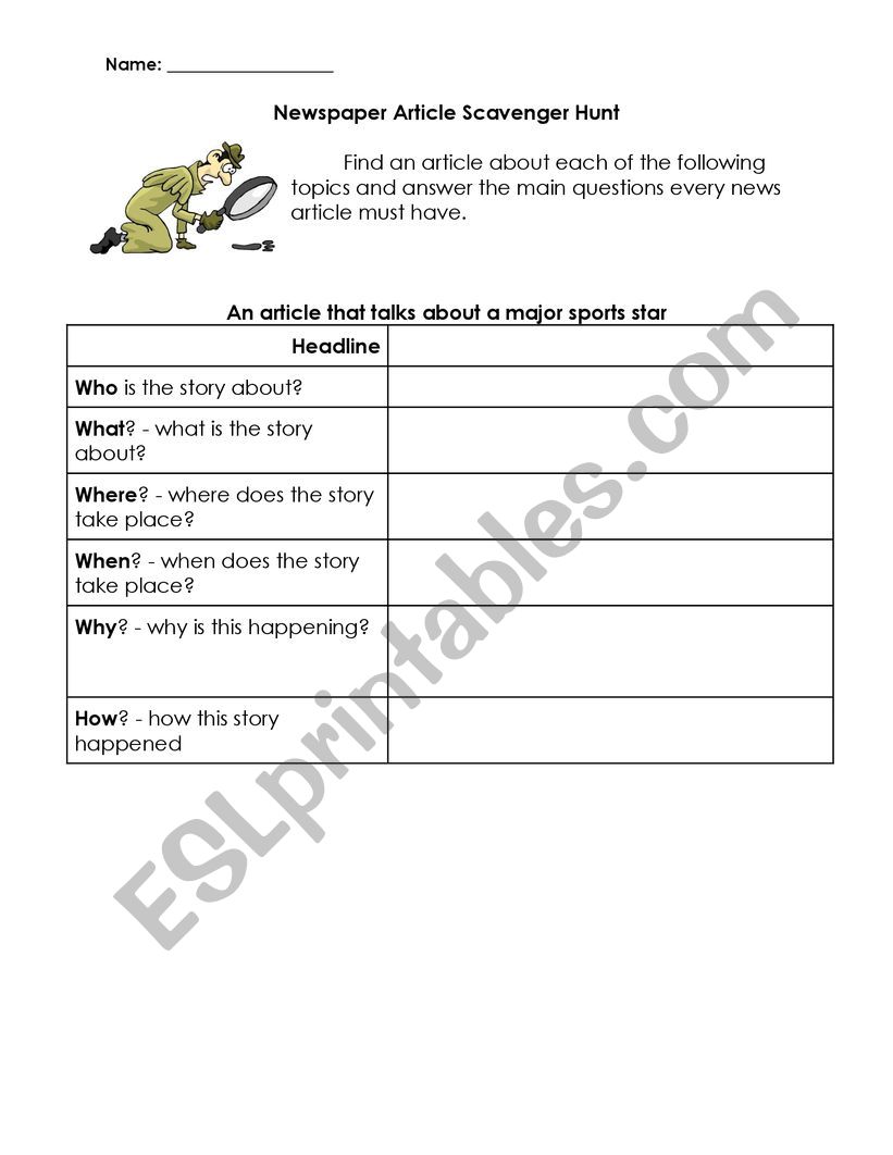 Newspaper Scavenger Hunt worksheet