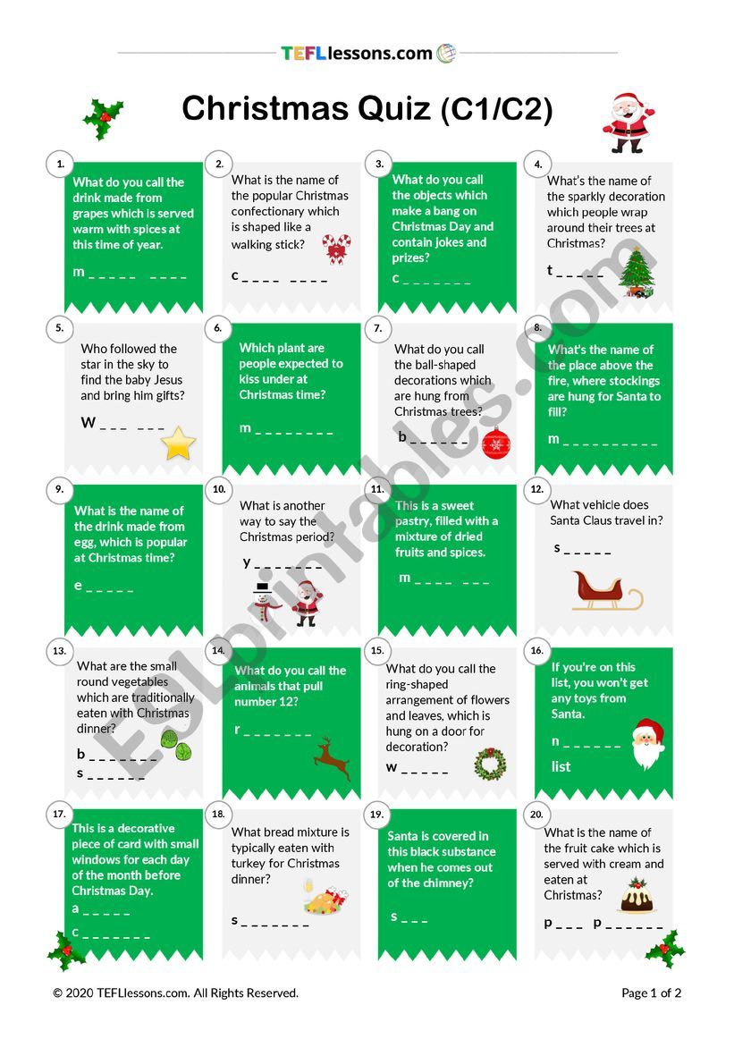 Christmas Quiz (C1/C2) - ESL worksheet by TEFL Lessons