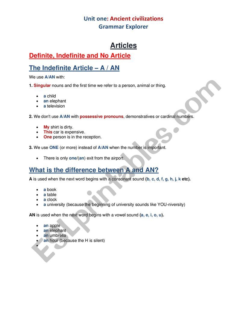 Articles worksheet