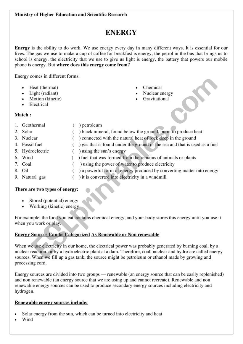 Energy worksheet