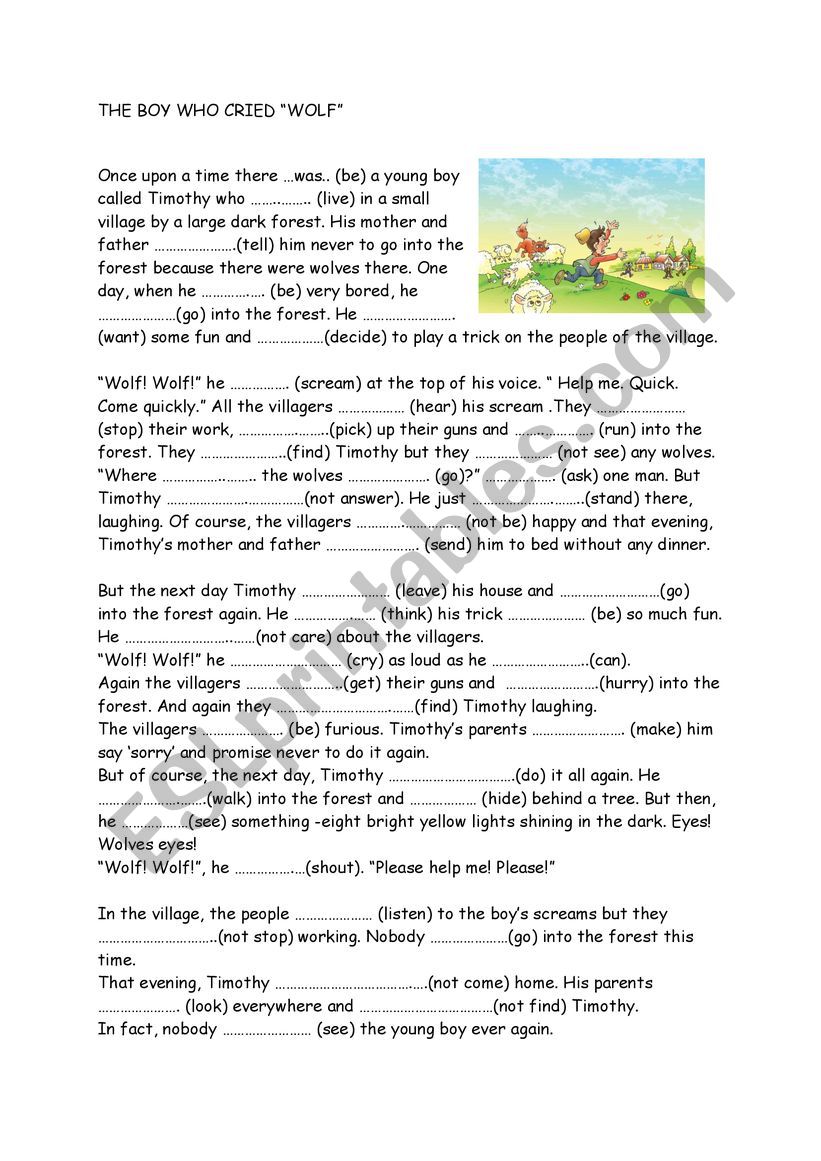 Past Simple Activity- The boy who cried ï¿½wolfï¿½ - ESL worksheet by Jsu34