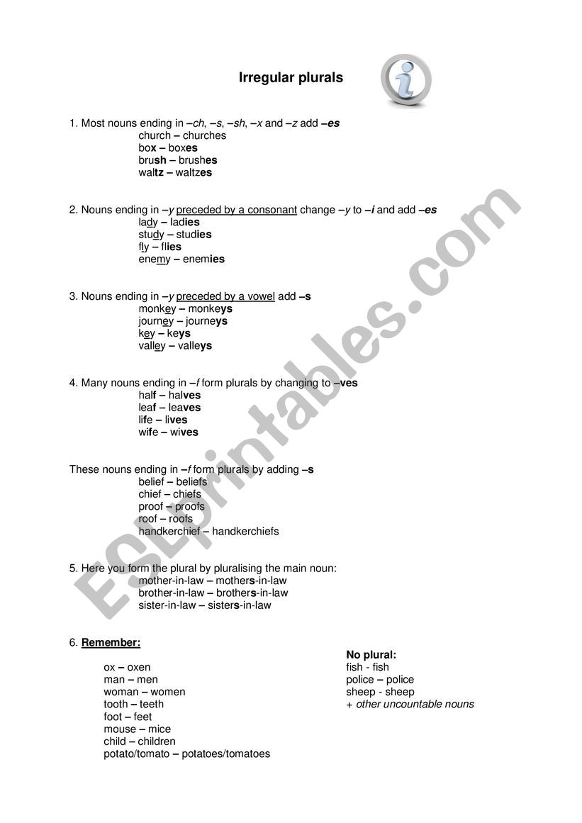 Irregular plural nouns  worksheet