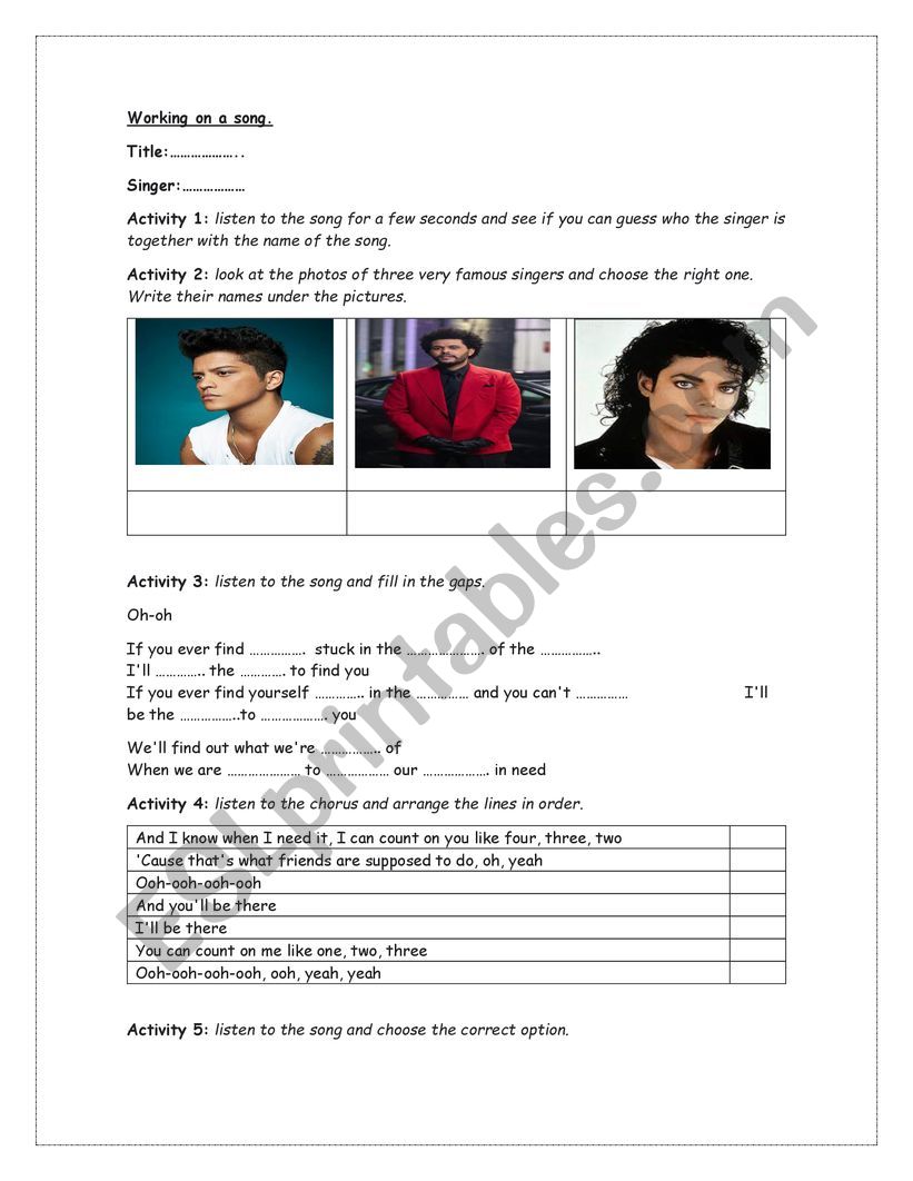 Count on me by Bruno Mars worksheet