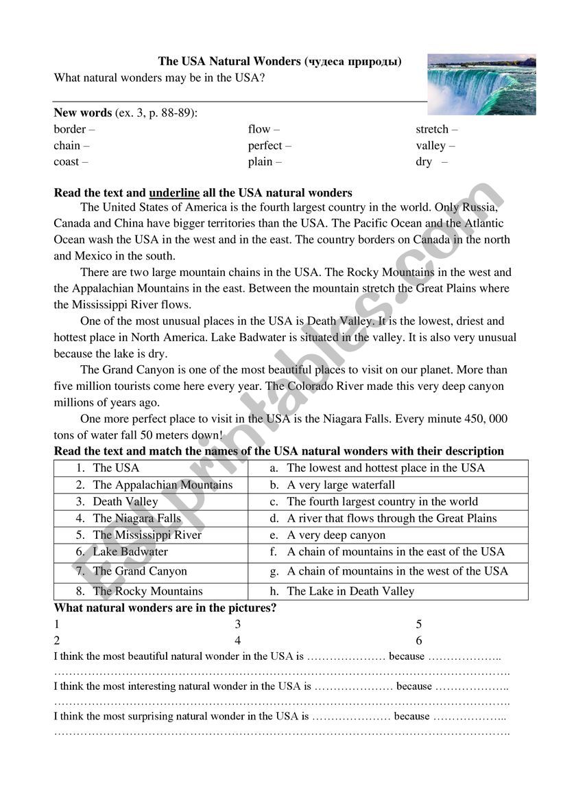 THE USA NATURAL WONDERS worksheet