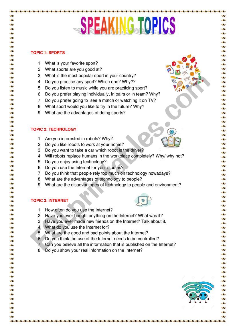 SPEAKING TOPICS FOR INTERMEDIATE STUDENTS ESL Worksheet By Annie Tran