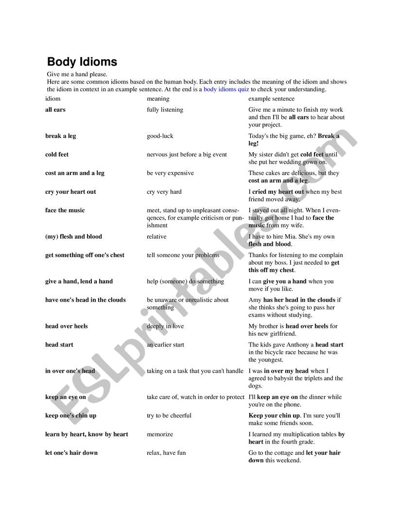 Body Idioms worksheet