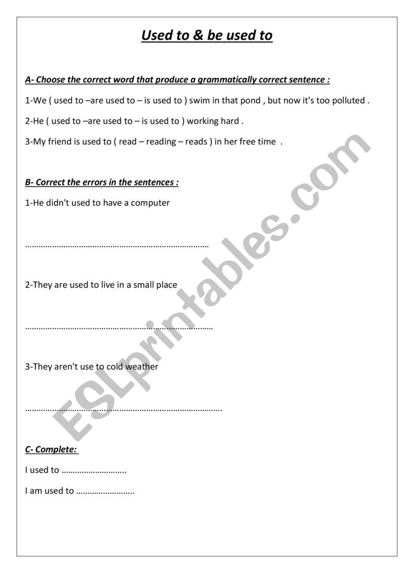 used to & be used to  worksheet
