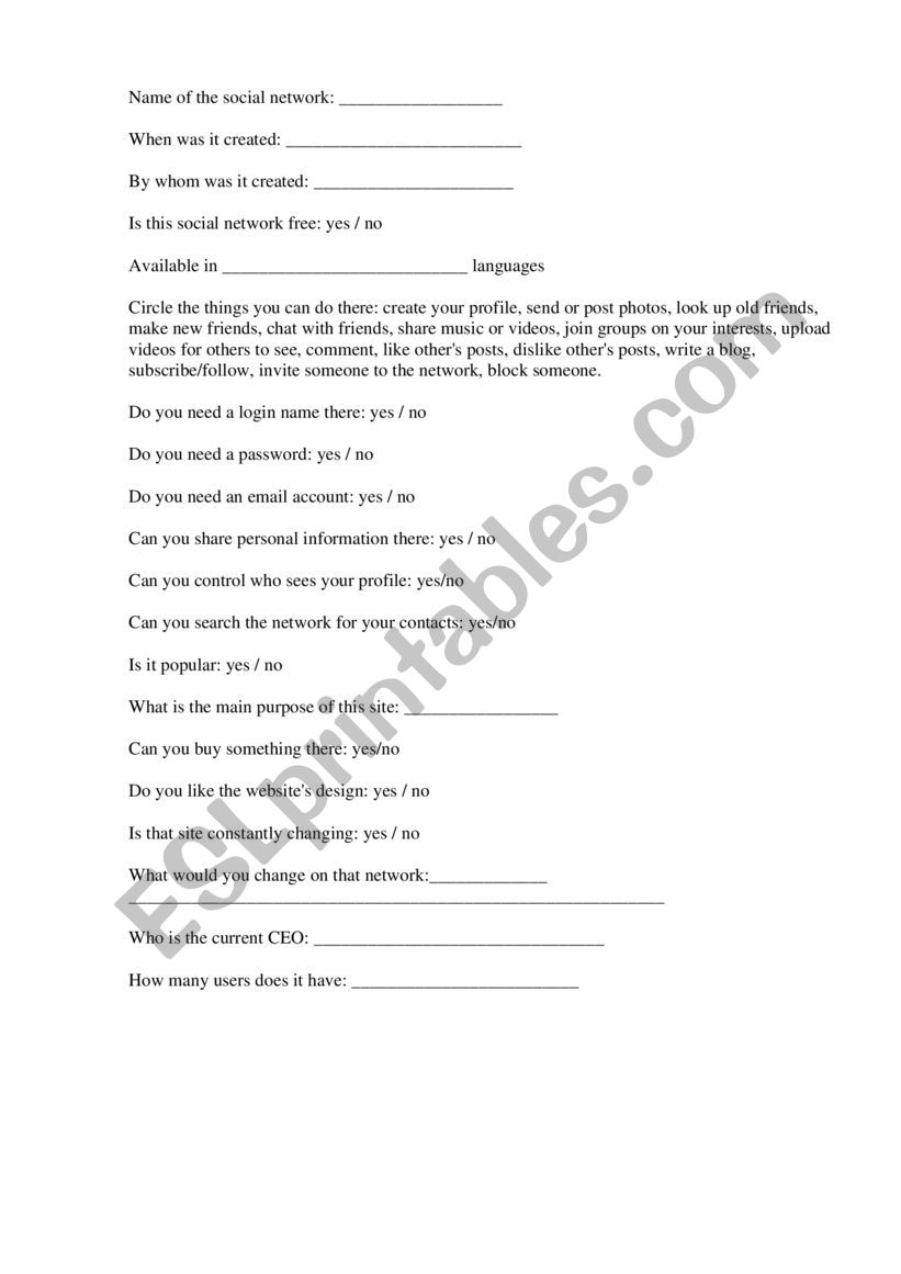 Social network worksheet