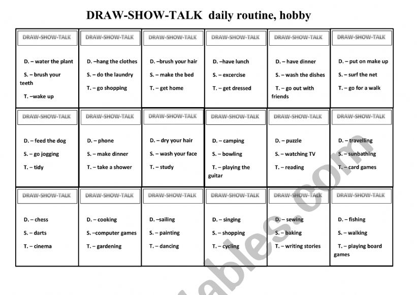 Draw-show-talk game on daily routine and hobbies