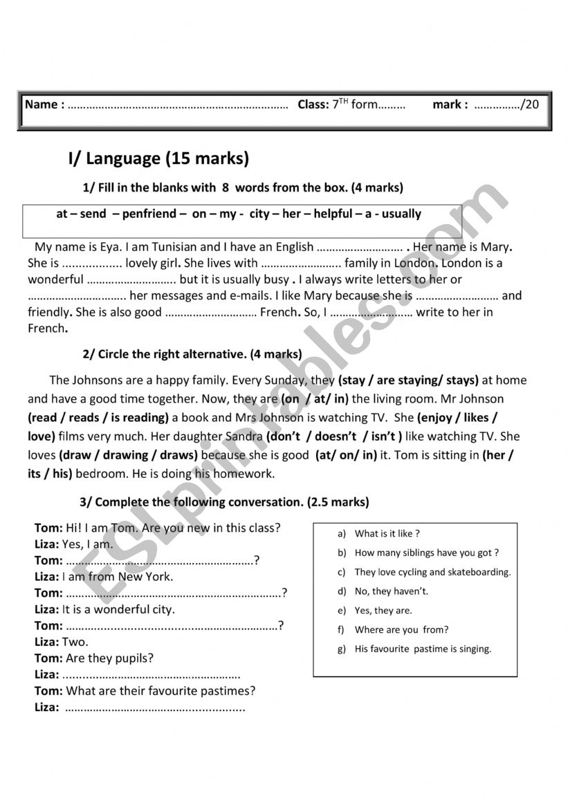 end of term1 test - ESL worksheet by ichraf