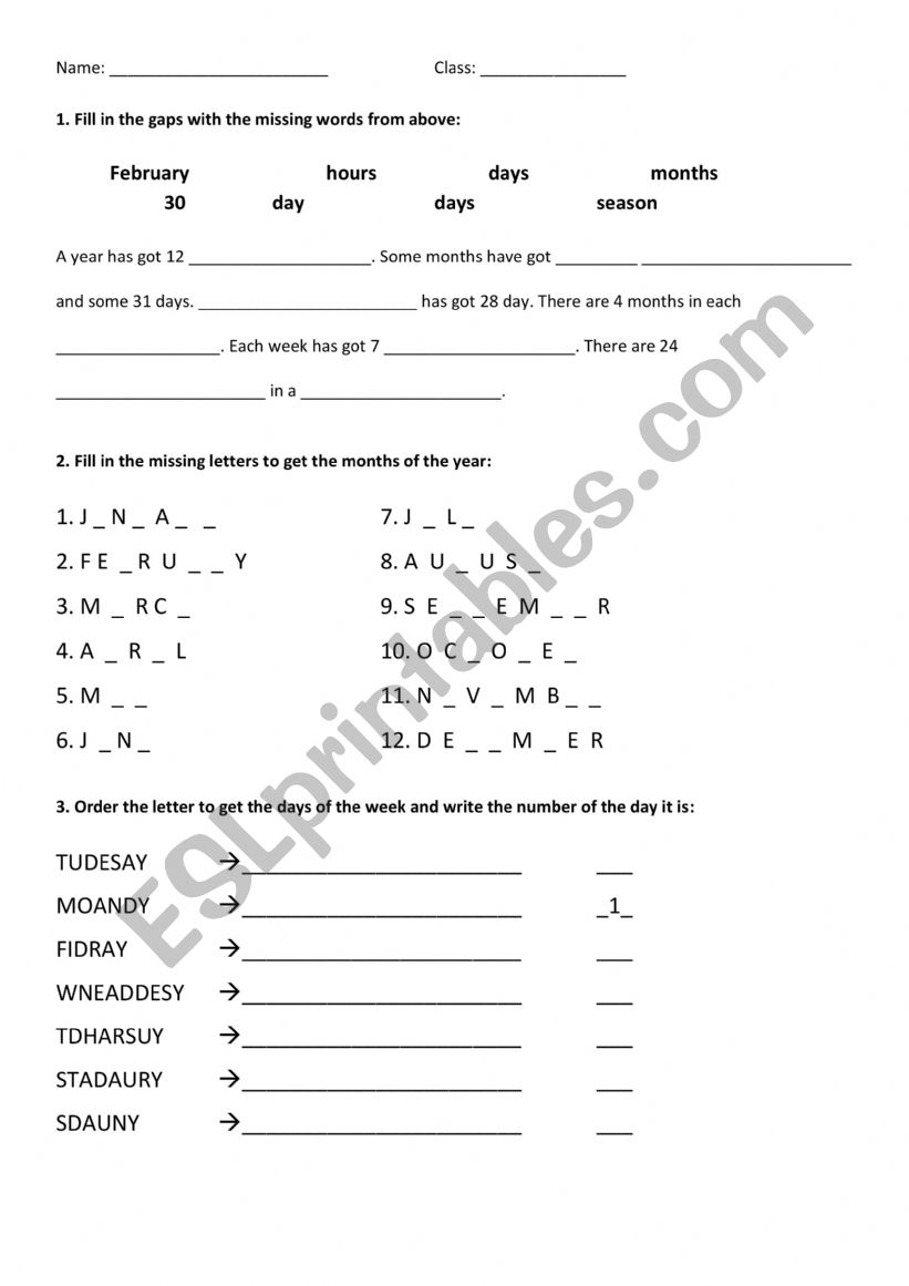 days month of year worksheet