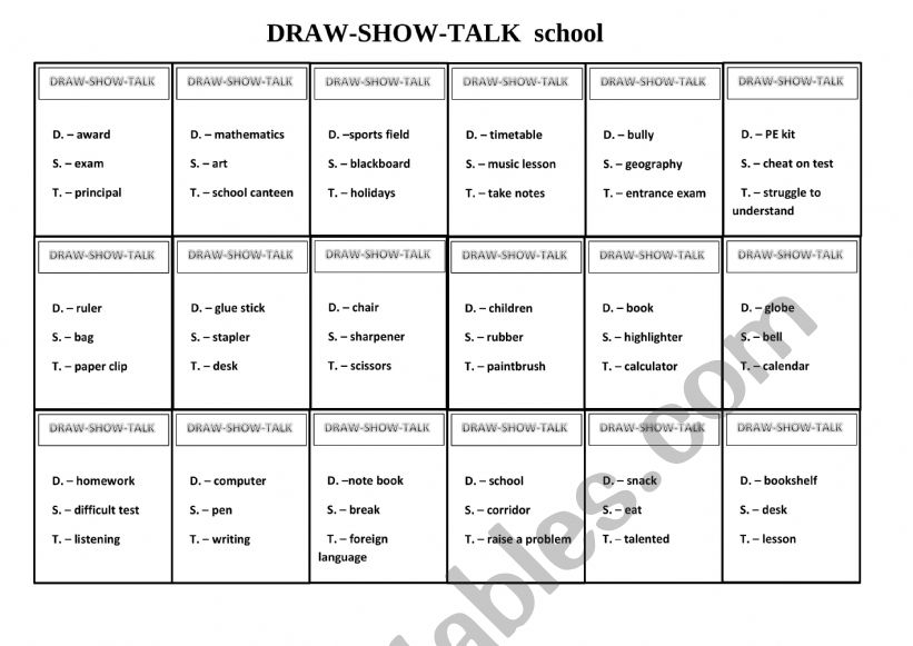 Draw-show-tell school game worksheet
