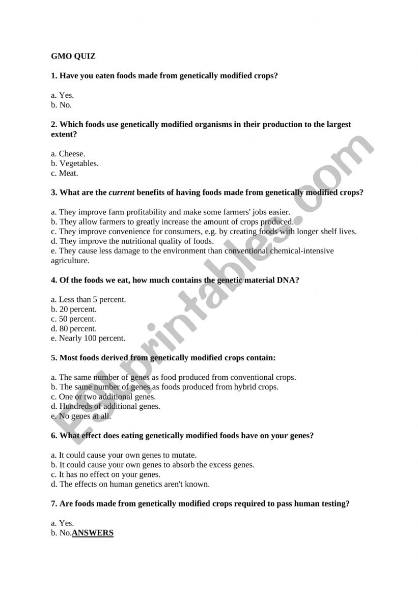 Quiz on GMO (with answers) worksheet