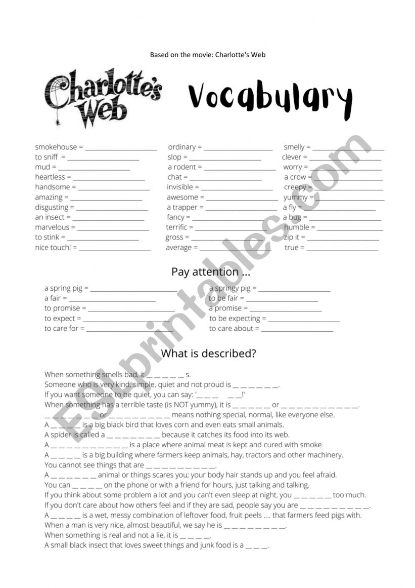 charlotte web movie vocabulary esl worksheet by tulka