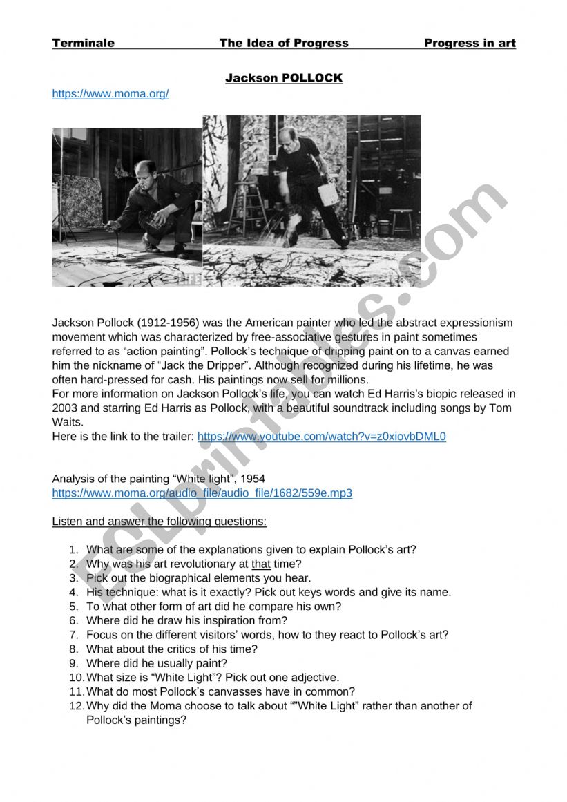 Jackson Pollock worksheet