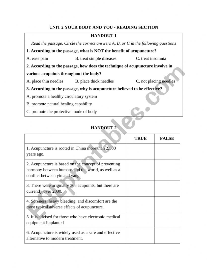 YOUR BODY AND YOU worksheet