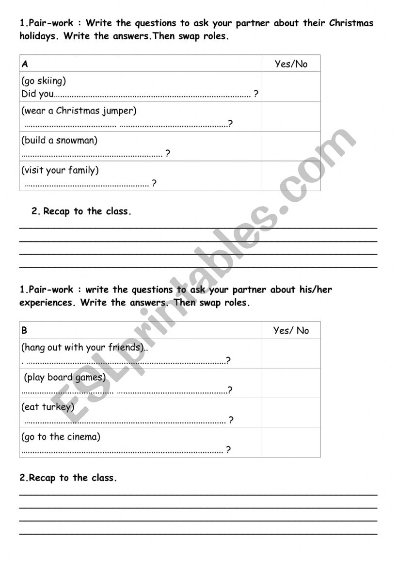 Pair-work Christmas holidays worksheet