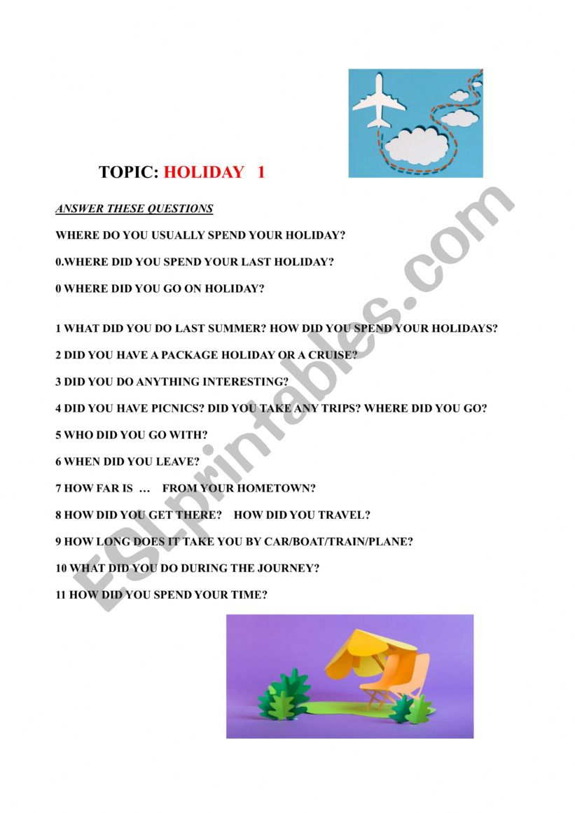 QUESTIONS_ TOPIC_HOLIDAY 1 worksheet