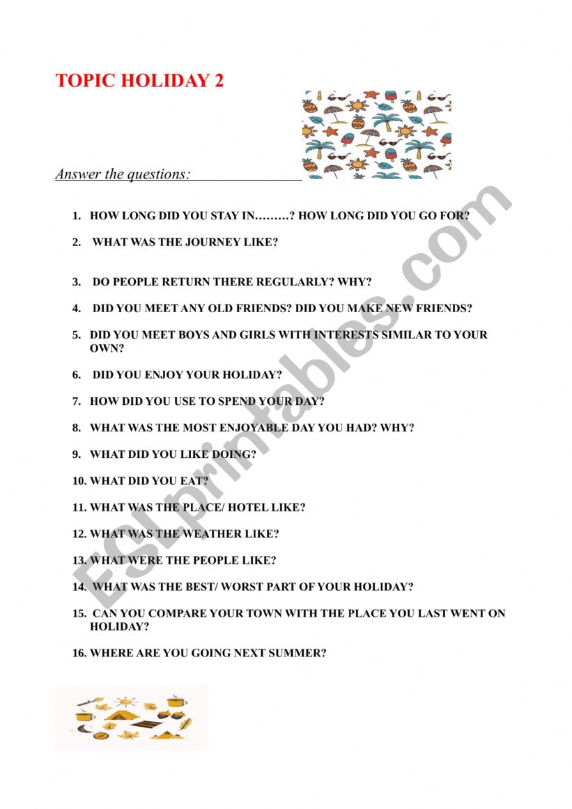 QUESTIONS_ TOPIC_HOLIDAY 2 worksheet
