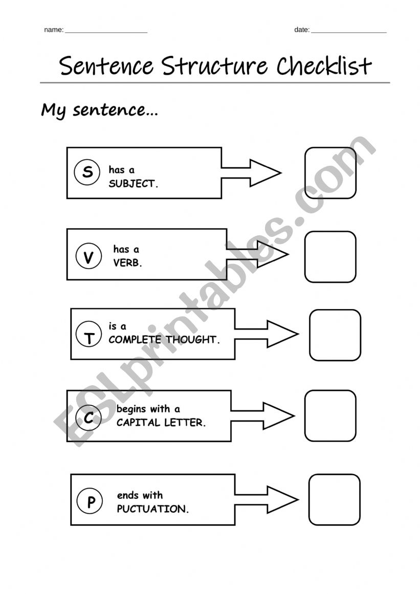 Sentence Strucutre Checklist worksheet