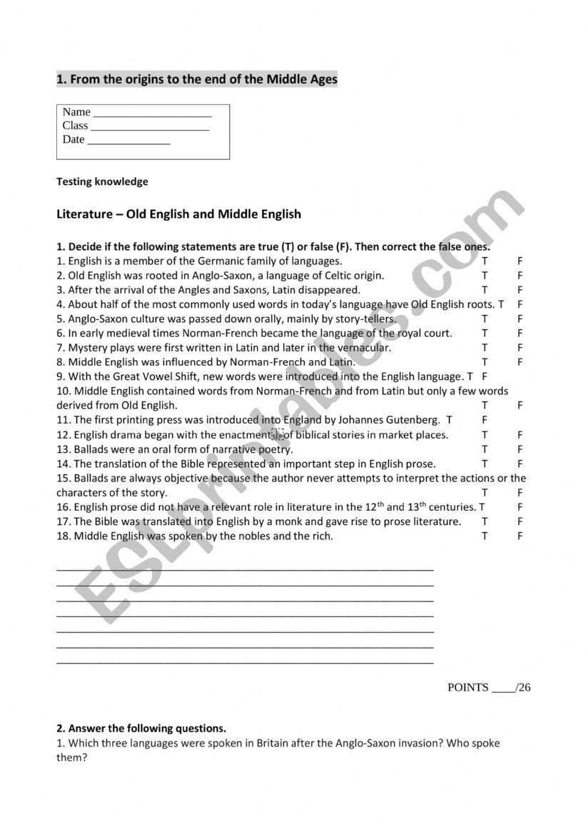 literature worksheet