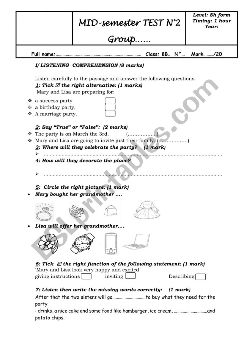 mid term test 2 8th form worksheet