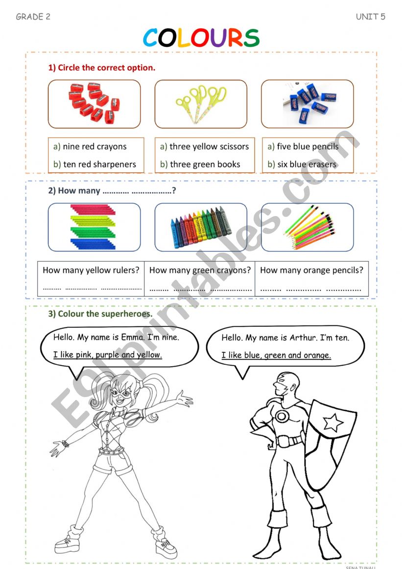 Colours, Numbers 1-10, School objects, Colouring page