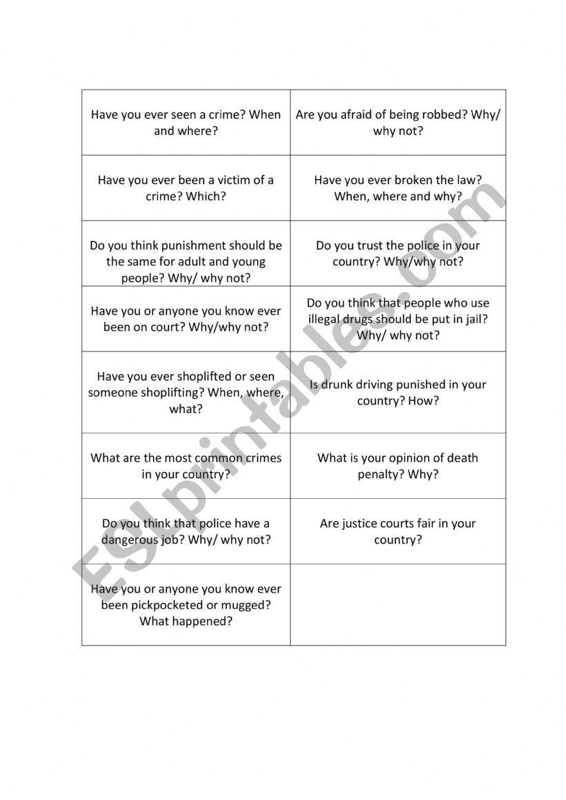 Speaking: crime questions - ESL worksheet by albasaez