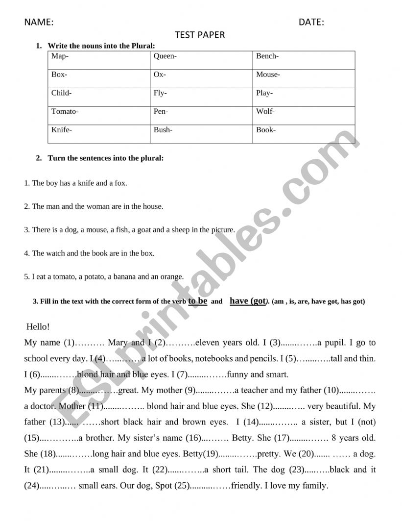 test worksheet