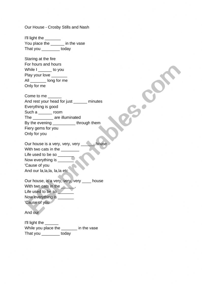 Our House Crosby Stills and Nash ESL worksheet by mkdunlay