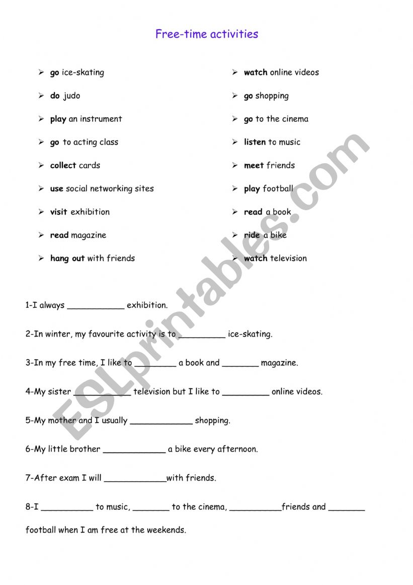 free-time activities worksheet