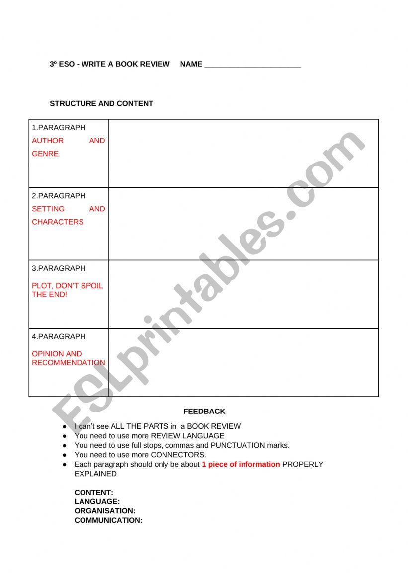book review A2+ LEVEL worksheet