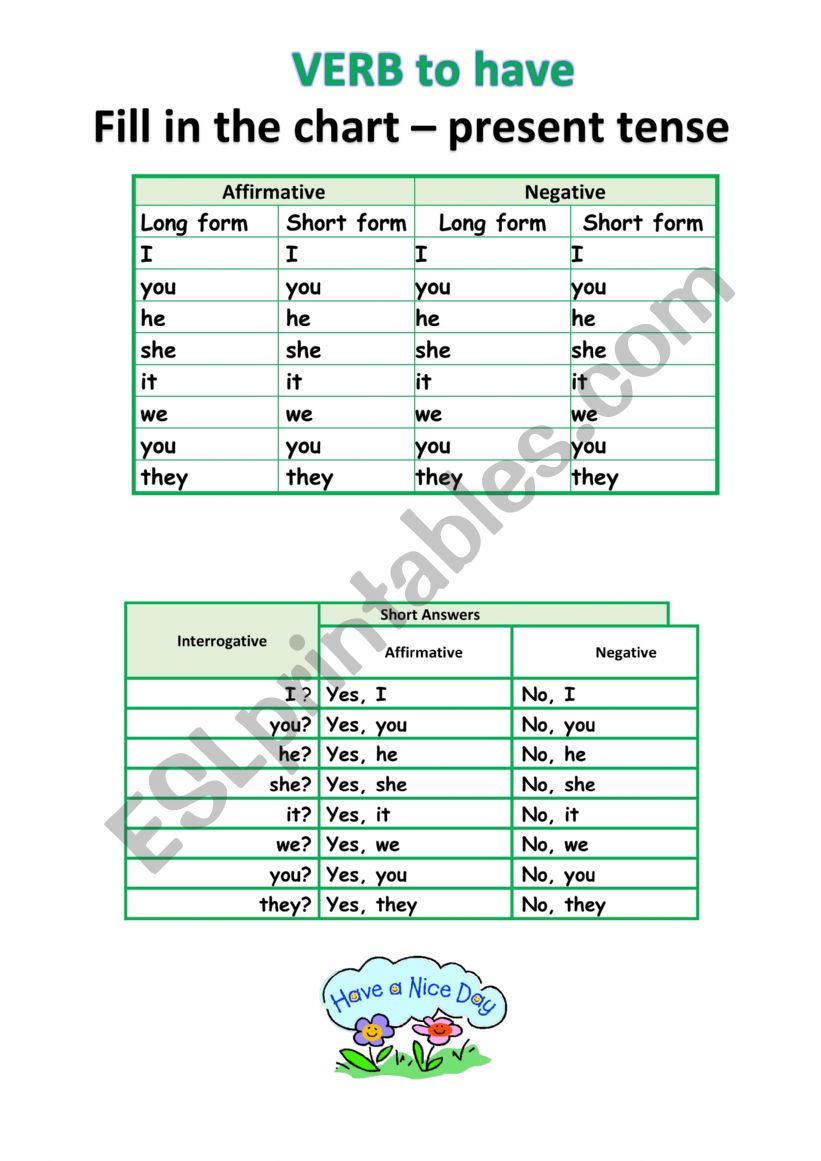 TO HAVE present tense chart worksheet
