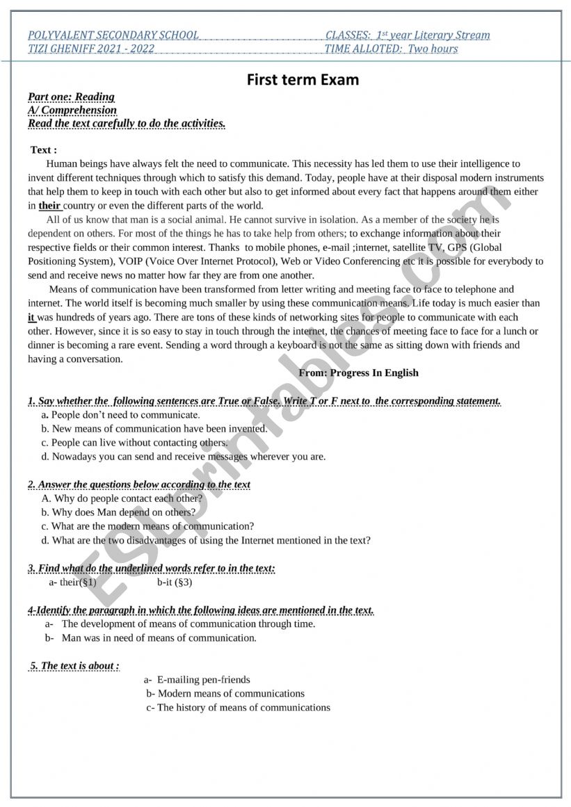exam paper communication worksheet