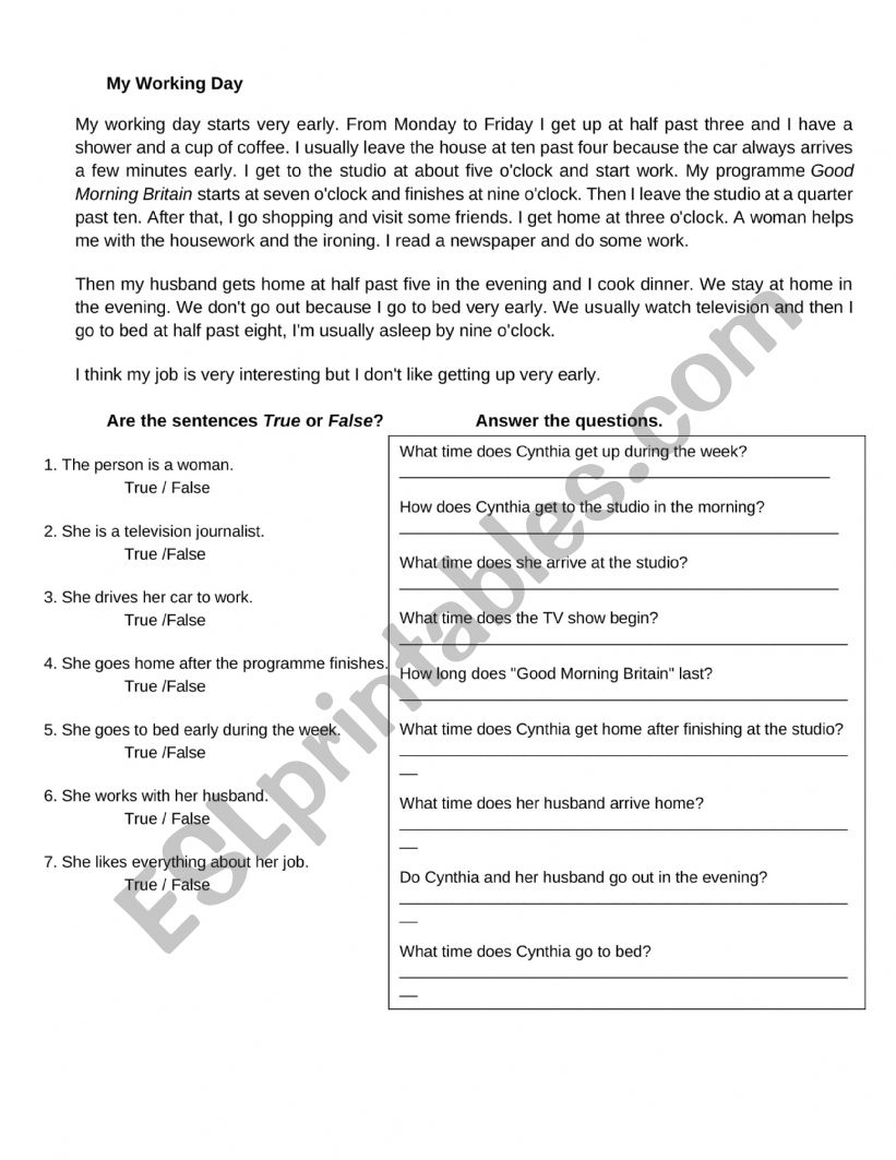 My working day worksheet