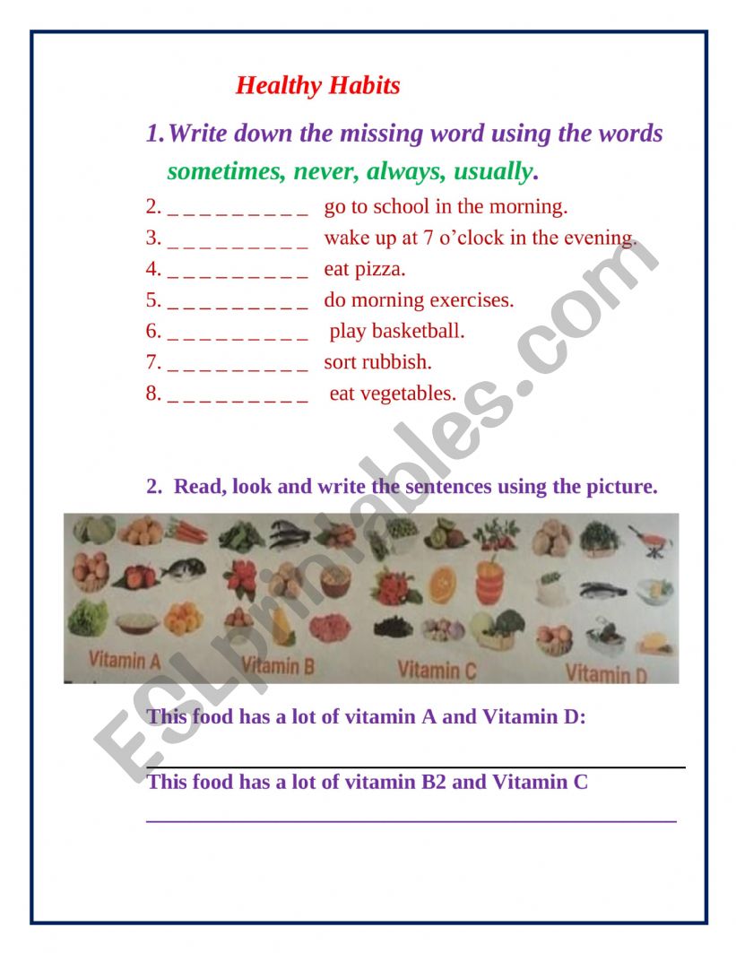 Healthy Habits and food worksheet