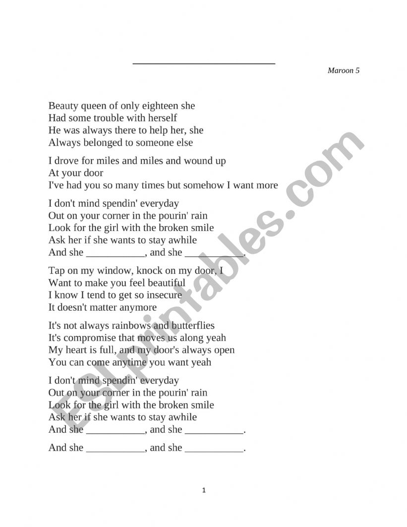 She will be loved Maroon 5 worksheet