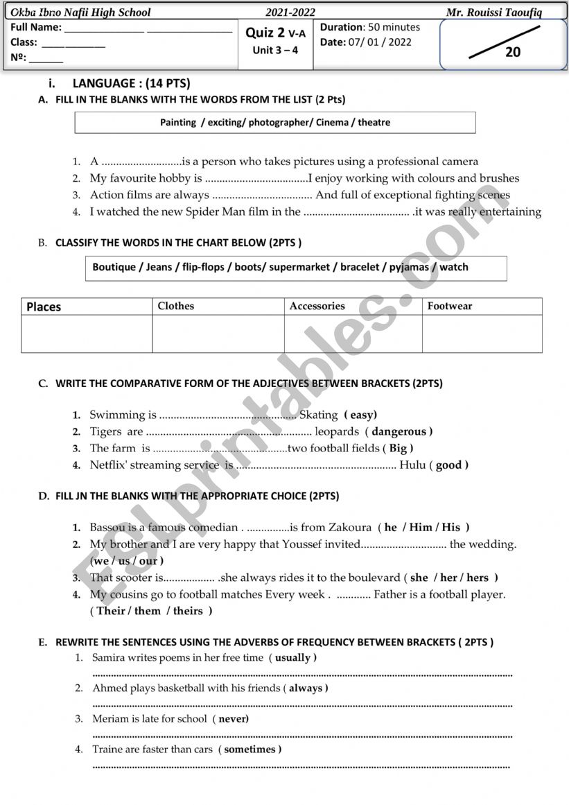 Common core exam worksheet