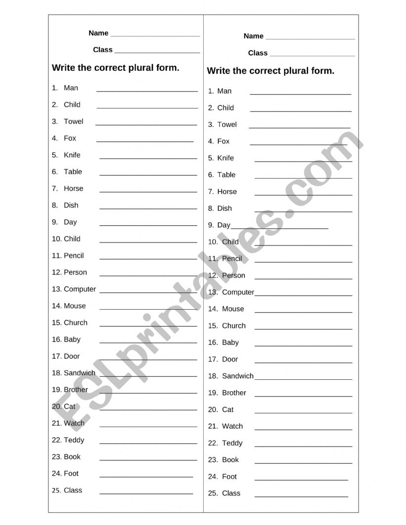 Plurals  nouns worksheet