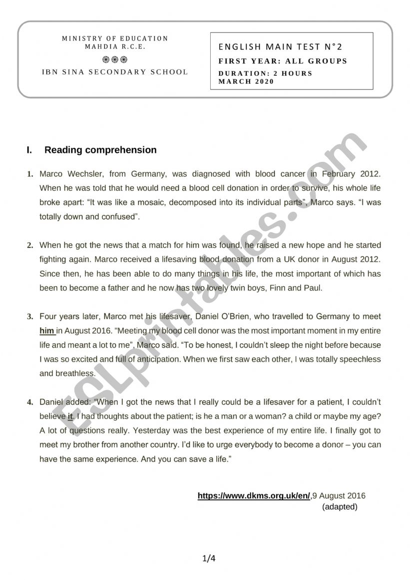 end of term test first level worksheet