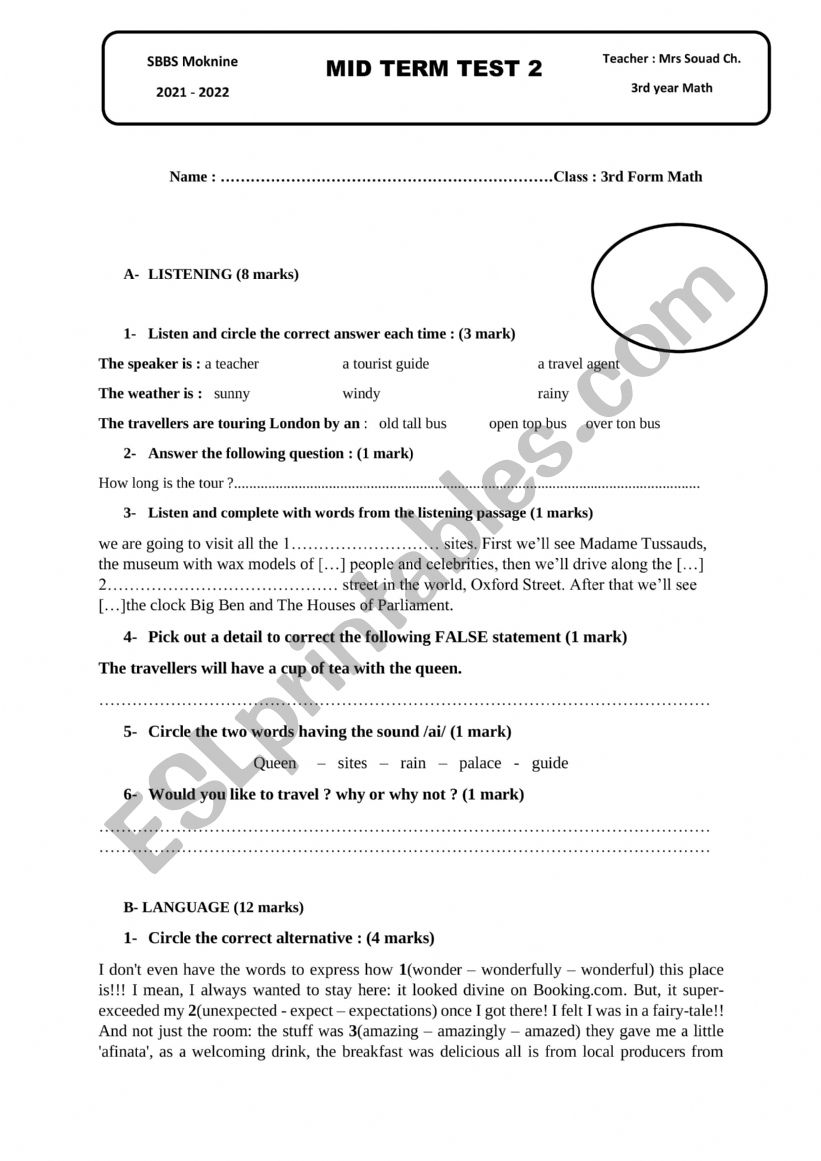 MID TERM 2 TEST 3RD FORM ESL Worksheet By Slimsouad208 yahoo co uk