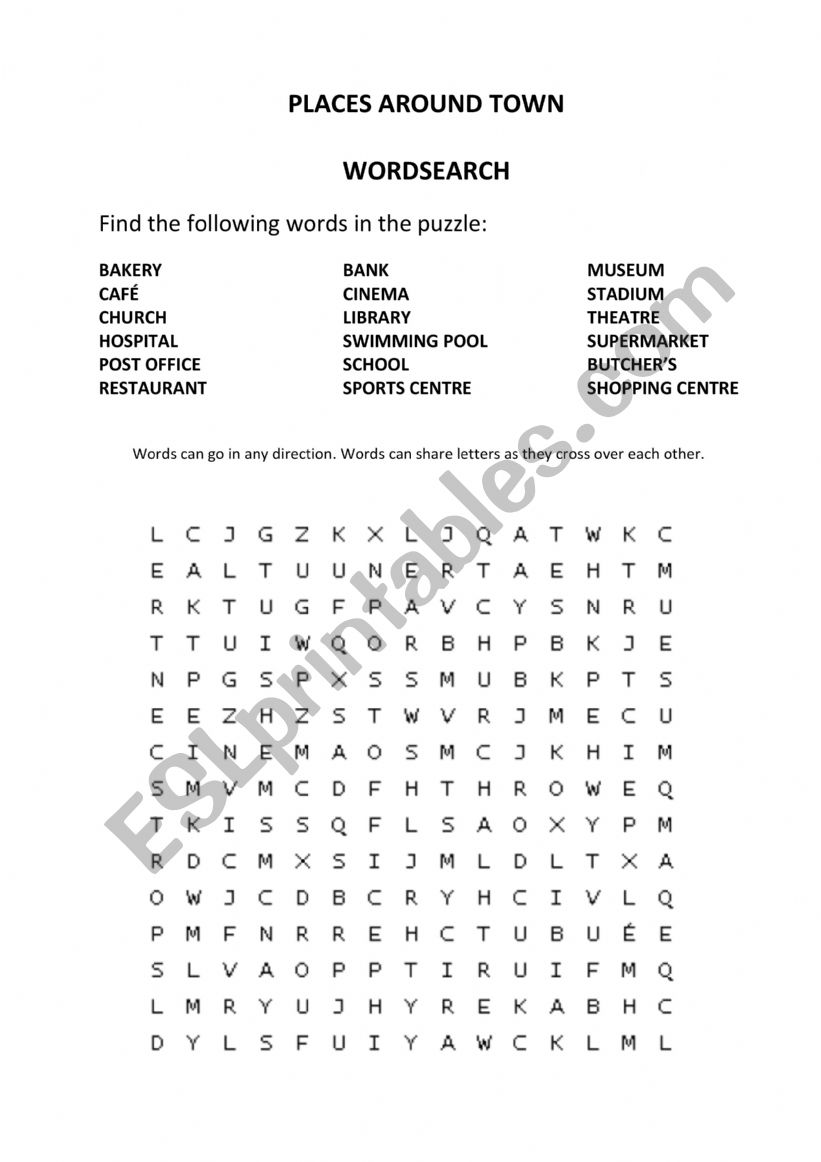 Wordsearch - Places around Town