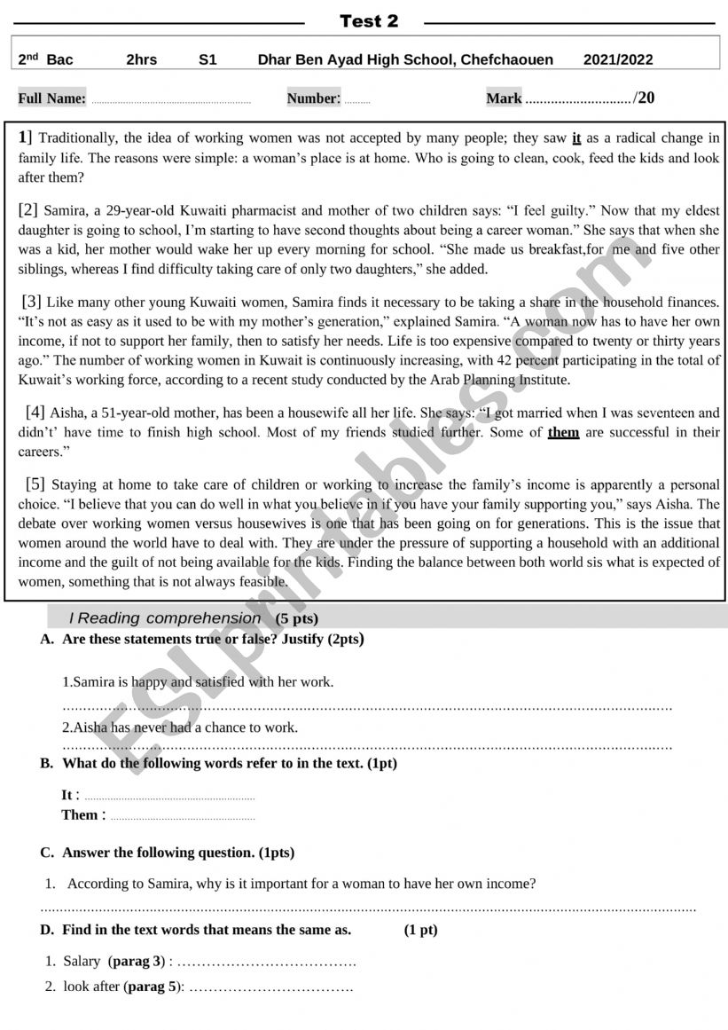 Second Bac, Test N°2, Semester 1 - ESL worksheet by Maruan Aziz