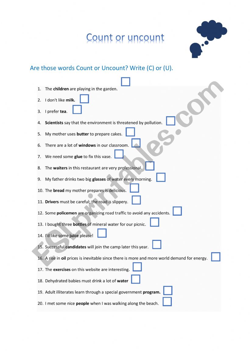 Count or uncount nouns worksheet