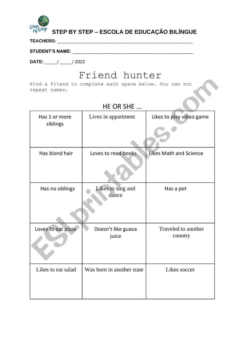 Friend Hunter worksheet