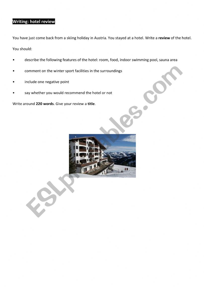 writing hotel recommendation worksheet