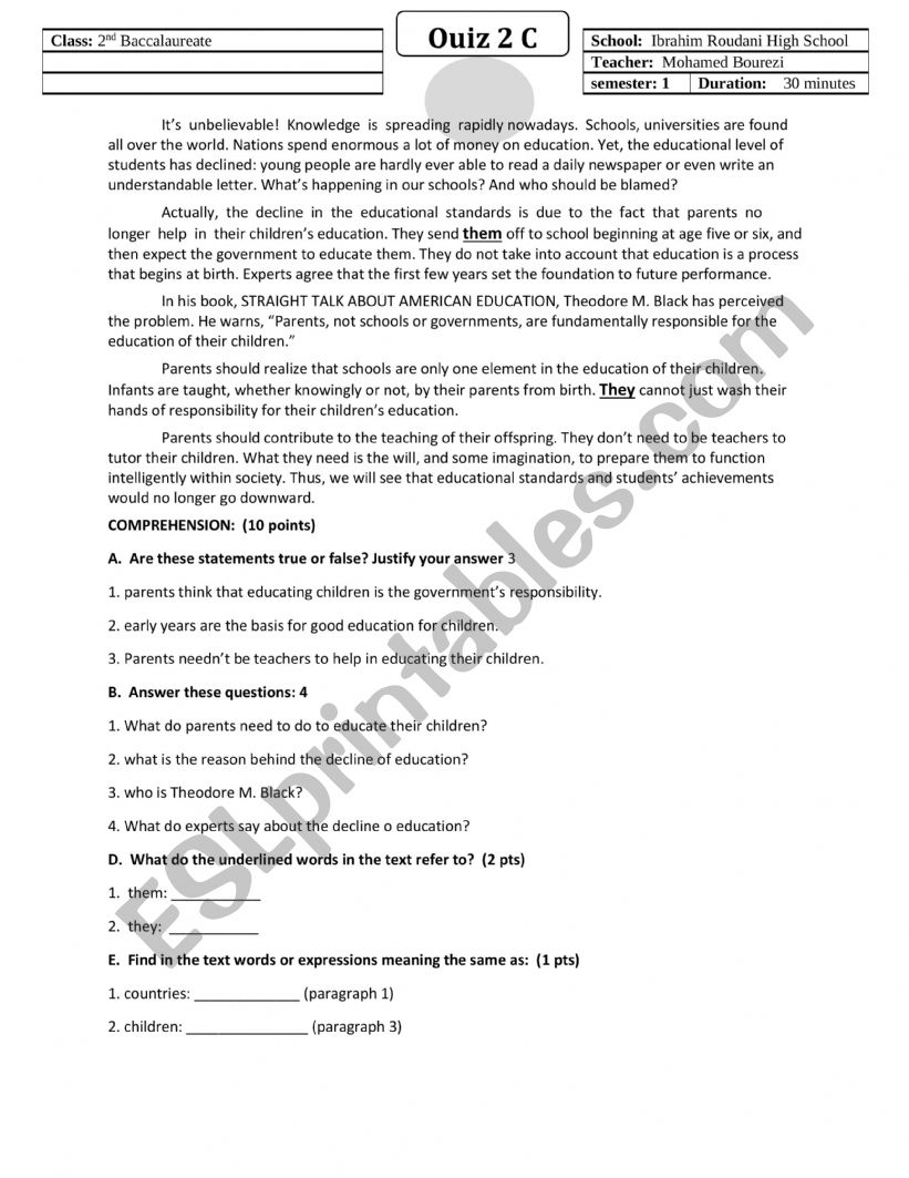 children�s education worksheet